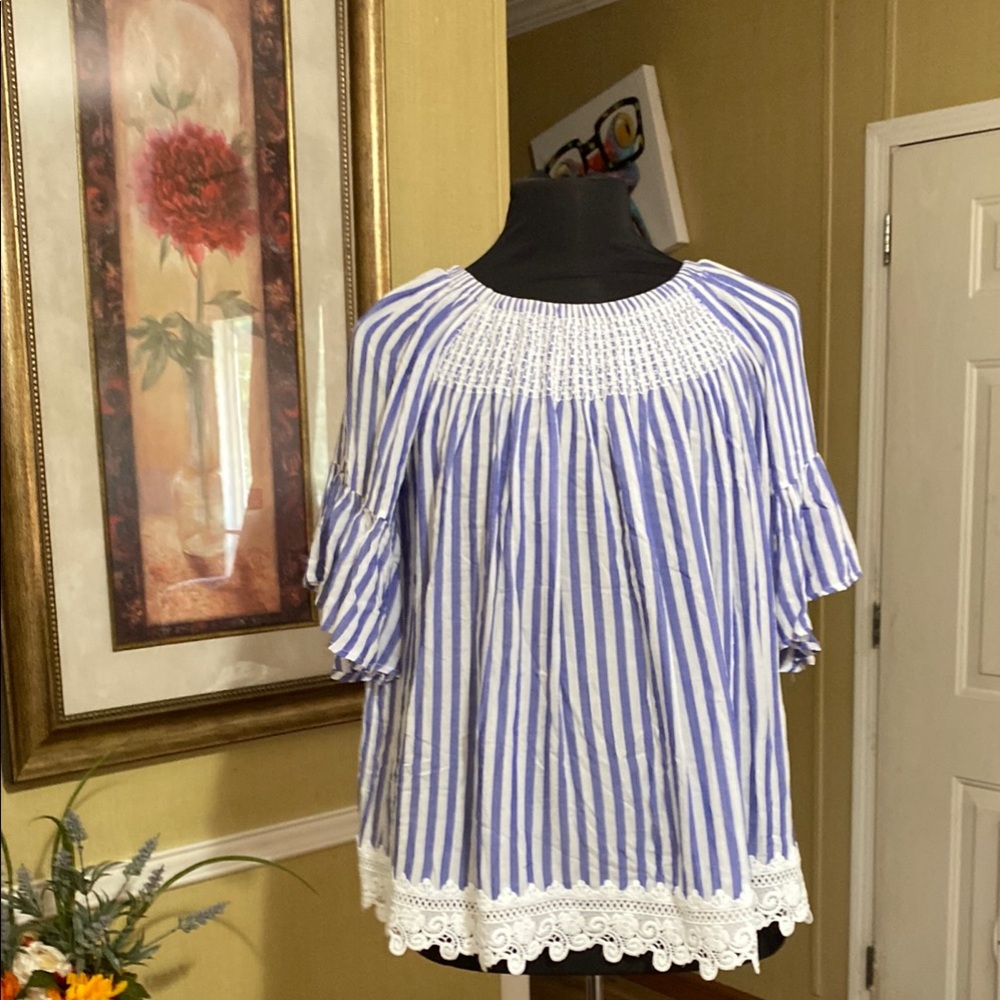 a.n.a Blue and White Striped Blouse with Lace Hem